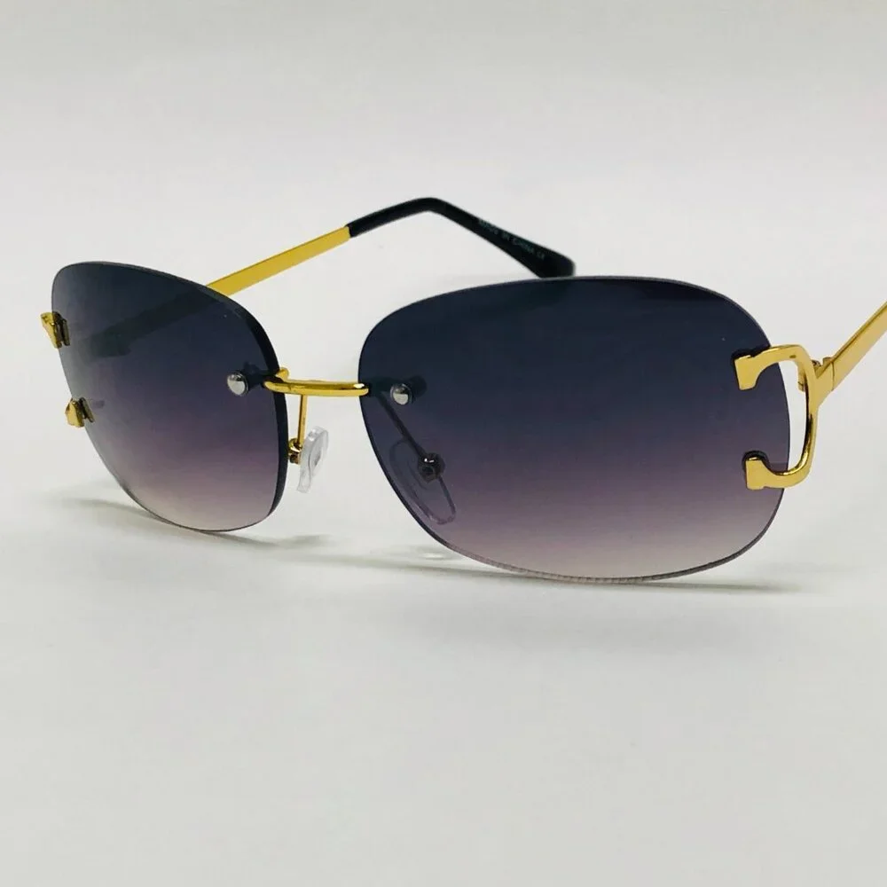Men Sunglasses Hip Hop Shades Metal Gold Rimless Black Lens Outdoor Street Wear‎